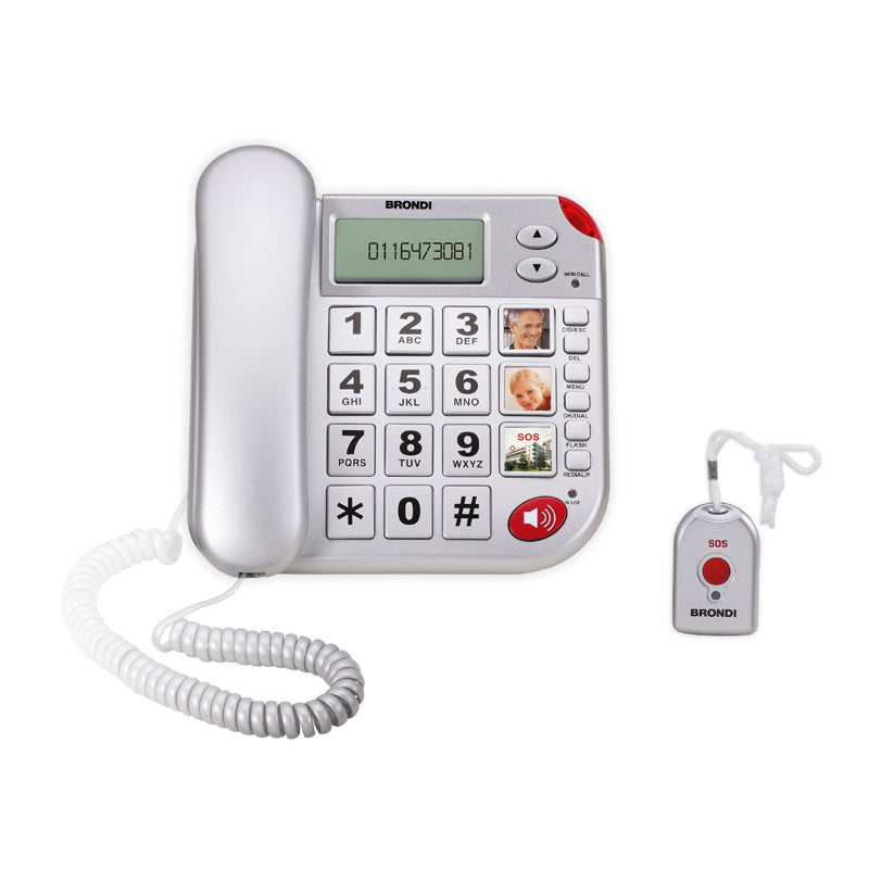 BRONDI SUPER BRAVO PLUS (ARGENTO) - TELEFONO CORDED - TASTI GRANDI - VIVAVOCE - DISPLAY - COMPATIBILE CON APPARECCHI ACUSTICI - TELECOMANDO SOS