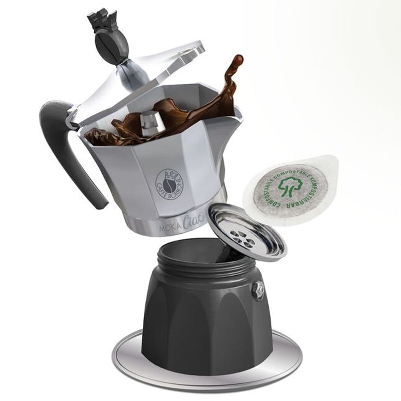 CAFFE'' BORBONE MOKACIAO - CAFFETTIERA MOKA A CIALDE 44MM CON PIATTINO INDUZIONE - FINO A 3 CAFFE'' CON UNA CIALDA - 15 CIALDE OMAGGIO