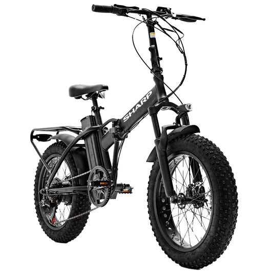 SHARP BASEL (BK-FM02E-B) FOLDABLE FAT E-BIKE (BLACK) - BICICLETTA ELETTRICA - RUOTE 20""X4"" - MOTORE 250W 36V - BATTERIA 36V 13AH CERTIFICATA - TELAIO IN ALLUMINIO - AUTONOMIA FINO AD 50KM - FORCELLA AMMORTIZZATA