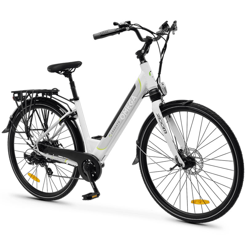 ARGENTO OMEGA (AR-BI-220012 ) CITY E-BIKE (WHITE) - BICICLETTA ELETTRICA - RUOTE 28"" - MOTORE BAFANG 250W 36V - BATTERIA  36V 10.4AH INTEGRATA - TELAIO IN ALLUMINIO - FORCELLA AMMORTIZZATA - AUTONOMIA FINO AD 70KM