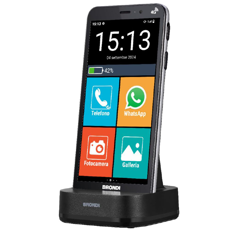BRONDI AMICO VERO 4G+ (NERO) + FLIP COVER - SMARTPHONE PER ANZIANI - TASTO SOS - TORCIA - GPS - NOTIFICA AI PARENTI IN CASO DI CADUTA - CONTROLLO REMOTO - FOTOCAMERA - BASE DI RICARICA - CONNETTIVITA 4G